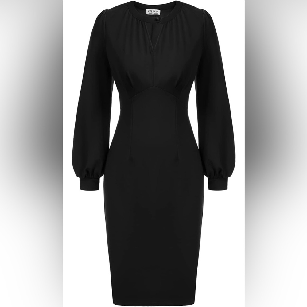 Kate Kasin Women O Neck Lantern Sleeve Elegant Business Casual Dress Midi Black